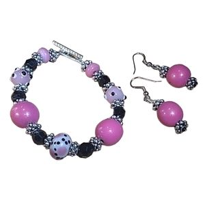 Pink & Black bracelet w/ earrings JTS29